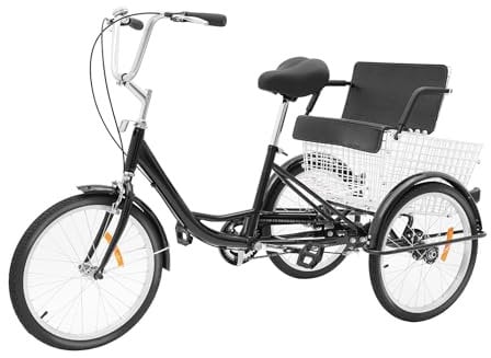 KumuJ 20 Zoll Dreirad für Erwachsene, 3 Rad Fahrrad mit Kindersitz & Einkaufskorb Tricycle für Erwachsene und Senioren,Schaltung Dreirad für Einkaufen, Picknicks, Reisen (Schwarz)