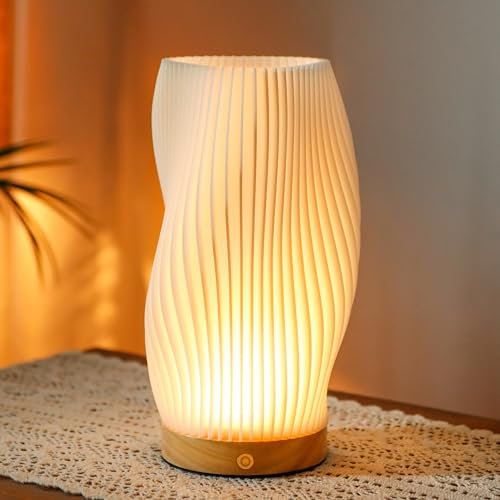 JHY DESIGN Wiederaufladbare Touch-Tischlampe 3D-Druck Dimmbare Batteriebetriebene Lampe mit Holzsockel Nachttischlampe für Schlafzimmer Nachttisch Hochzeiten Partys Patio Events Drinnen Draußen