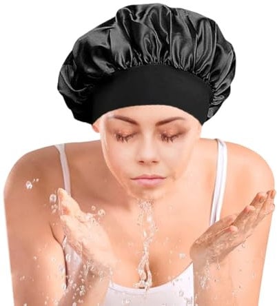 2 Piece Set Fashion Shower Caps - Red and Black Options Bath Accessories Hair Cap Set Nighttime Sleep Cap with Wide Elastic Band Elastic Wide Band Nighttime Sleep Cap Soft Satin (black)