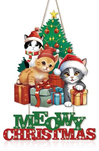 KAIRNE Tree Shaped Meowy Christmas Kitten Wooden Sign Front Door Xmas Wall Decor Gift