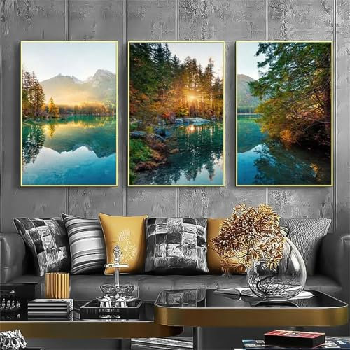 Viusneun 3er Poster Set - Modernes Waldseen Natur Leinwandbilder Set - Herbst Bilder Wanddeko für Wohnzimmer und Schlafzimmer - Ohne Rahmen (40x50cm)