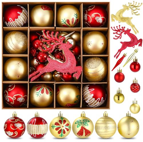 SOBEAU 40 Pièces Boules de Noël, Décorations Sapin de Noël en Plastique Petites & Grandes, 13 Styles de Boules de Noël pour Décorations, Suspension Noel Sapin pour Fêtes (Rouge et Or)