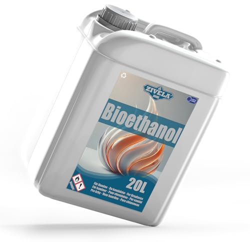 Bioéthanol 96,6 % 20 l | Alcool bio 96,6 % 20 l | Bioéthanol pour cheminée, cheminée de table, cheminée au bioéthanol | Sans odeur | Combustion propre, sans fumée, flamme vive et stable