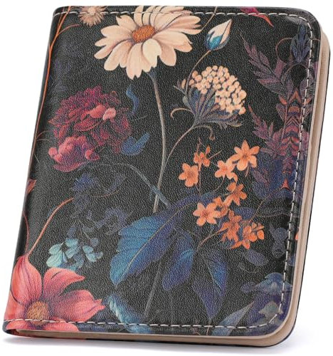 APHISON Damen-Geldbörse, RFID-blockierend, Leder, Reißverschluss, schmal, kompakt, doppelt gefaltet, Geldbörse für Damen, Münzfach, kleine Damengeldbörse mit Ausweisfenster, B5-black & Daisy, Casual