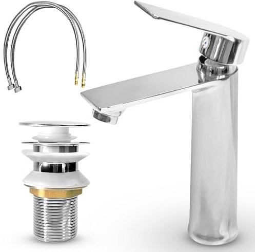 MSC Bathroom Sink Tap with Single Lever Design - Premium Chrome Basin Taps Single Hole with Waterfall Round Mixers, Cloakroom Brass and Supply Hose, Elegant Faucet Set for Bathroom Taps SilvTap