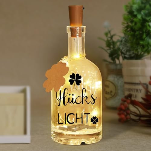 LED Flaschenlicht Mit Spruch Glückslicht - Beleuchtete Flasche Dekoflasche Mit Korken Dekolicht - Geburtstagsgeschenk für Frauen Freundin Weihnachten (Glückslicht)
