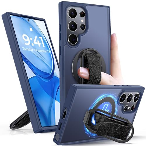 SHIELDS UP für Samsung Galaxy S23 Ultra Hülle mit Ständer, Handyhülle mit Ring Halter Fingerschlaufe, Stoßfest Kratzfest SchutzHülle für Samsung S23 Ultra Case -Matt Blau