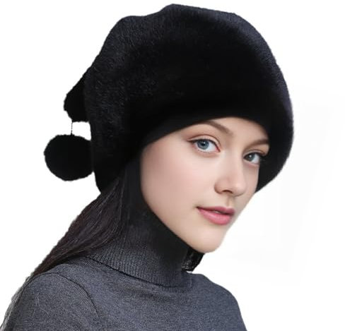 JDYaoYing Damen-Mütze aus Kunstnerz, Winter-Fellmütze, warm, lässig, mit Kunstfell-Bommel, Skimütze, Nikolausmütze, Schwarz , 49