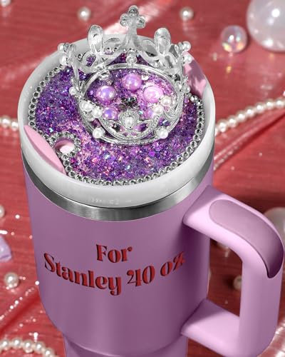 OffiEase Lid Name Plate Topper for Stanley Cup 40 oz - Crown Cute Accessories Decoration for Tumbler, Water Bottle Glitter Bling Decor for Women Girls Light Purple
