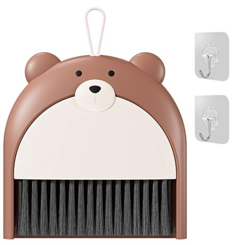 Mini Dustpan and Brush Set – Compact & Portable Dust Pan and Brush with Dense Bristles – Snap-On Storage & 2 Wall Hooks – Ideal for Home, Office, Kitchen & Travel (Brown Bear Design)