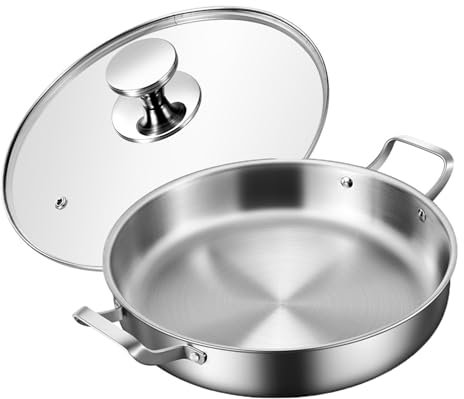 UGCER 316 Stainless Steel Paella Pan with Lid, Stir Fry Pan, Omelet Pan Non Stick Uncoated with Dual Handle, Paella Cookware for Homes or Restaurants,24cm