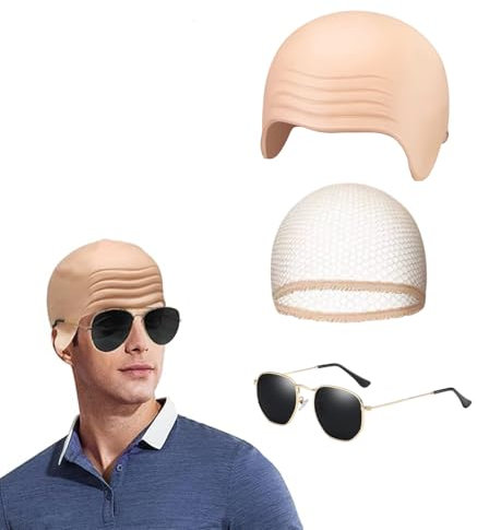 dinghaole Latex kahle Kappe, Sonnenbrille Glatzkopf Kappen Set, Erwachsene Makeup Glatze Perücke Kappe Beige Kostüm Zubehör, Fancy Kleid Cosplay Hut Kostüm Zubehör für Halloween Erwachsene