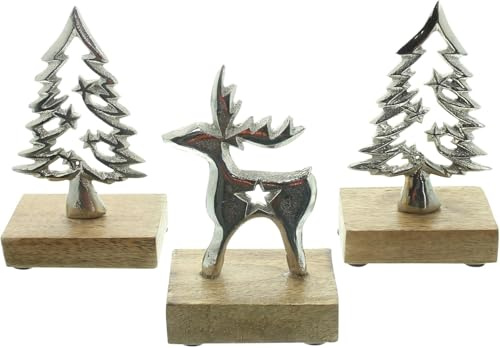 FRANK FLECHTWAREN Weihnachtsdeko Tannen & Rentier 3er Set | – Mangoholz & Aluminium – Höhe 12 / 13 cm – Natürlich und hochwertig – Tischdeko Winter