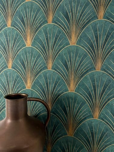 Newroom Tapete Grün Vinyl Fächer Geometrisch - Modern Glamour Art Deco für Wohnzimmer Schlafzimmer