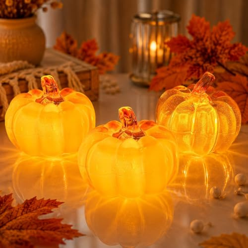 Herbst Kürbis Deko,Herbstdeko Outdoor,Herbst Dekoration | 3 Pcs Halloween Deko Kürbis Beleuchtet,Halloween Deko Outdoor,Kürbis Deko Fur Halloween,Thanksgiving,Garten Party Deko