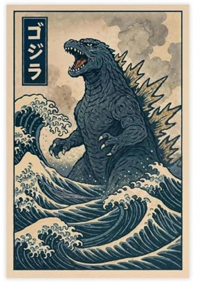 Godzilla Leinwandposter The Great Zilla Off Kanagawa, Anime-Druck, Kunstdruck, Gemälde für Wohnzimmer, Schlafzimmer, Dekoration, 30 x 45 cm