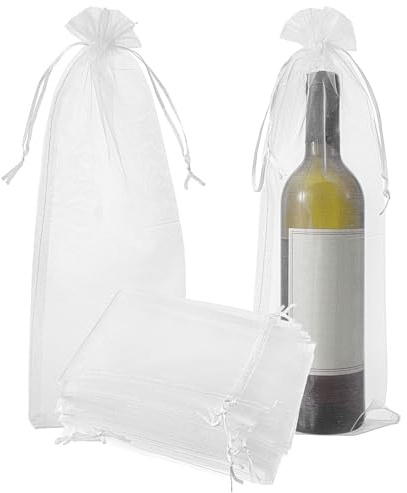 15 PCS White Organza Wine Gift Bags, Sheer Mesh Wine Jewelry Bottle Bags with Drawstrings Ropes, Pouches Bottle Covers for Travel Wedding Festival Party Favors Christmas Candle Sachet Bag (40×15 cm)