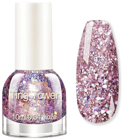 Pink Glitter Nail Polish, Quick Dry Nail Polish, Glitter Nail Varnish with Holographic Reflective Sparkle and Chunky Shimmer, Long-Lasting High Gloss Nail Art Paint, No UV Lamp Needed