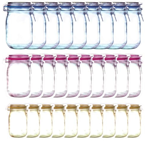 Mason Jar Bags 30Pcs, 150ml-1000ml Reusable Food Storage Bags Leak-Proof