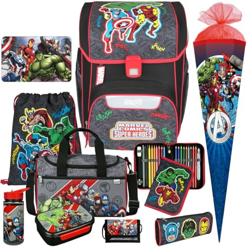 Pridera Scooli Schulranzen 1.Klasse Jungen EasyStart Schulranzen- Set (Avengers 11tlg. mit Sporttasche, Brotdose, Trinkflasche, Brustbeutel, passend dazu Platzdeckchen, Schultüte)