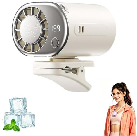 YERFFZE Car Clip-On Cooling Fan with LED Display, 360° Swivel Head, USB Rechargeable, 199 Adjustable Speeds, Lightweight Semi-Cooling Airflow, Wide Clamp for Vehicle, Desk, Umbrella, Camping, White