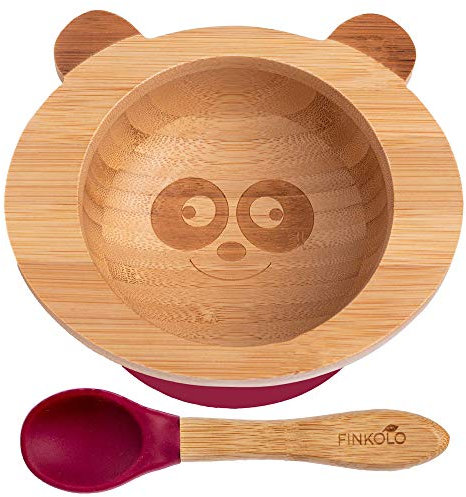 Bol Ventouse pour Bébé et Cuillère en Bambou Naturel | L'Original 'Bambol' par Finkolo | Forme Panda | Vaisselle Apprentissage | Coffret Repas Assiette