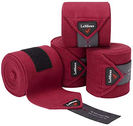 LeMieux Classic Polo Full Exercise Bandages in Mulberry with Zipped Case - Soft Fleece Protection Wraps - 3.8 m Long - Pack of 4