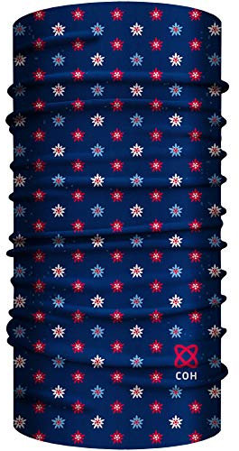Edelweiss Design Bandana, nahtloses Multifunktionstuch 25 x 50 cm aus weicher Mikrofaser/atmungsaktiv Schlauchschal Halstuch Schal Tuch/Berge Alpen Bayern Tirol Blume (Blau Rot)