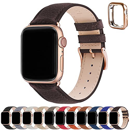 Fullmosa Cinturino Apple Watch Ultra 2 45mm/44mm/42mm/49mm, LichiBosin Cinturini in Pelle per Apple Watch Serie 9 8 7 6 5, Apple watch SE 2/ SE/Ultra, Per Uomo e Donna, Caffè + Fibbia Oro Rosa