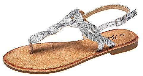 JOMIX Sandales Femme Sandales Plates Femme avec Tressées en Cuir, Boucle Réglable, Semelle Antidérapante, Idéales Pour L'Été Voyage Piscine Plage, B Argent, 37 EU