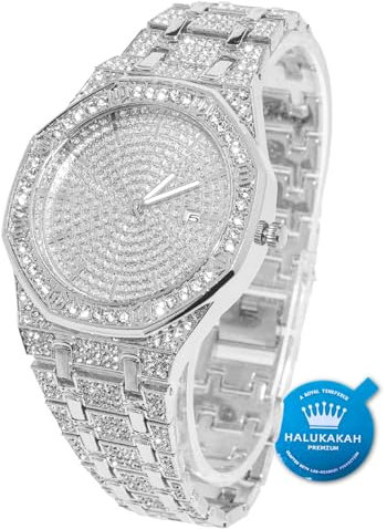 Halukakah Diamant Golduhr, Herren Platin Weiß Vergoldet 40MM Breite Achteckig Rund Wählen Quarz Armband 22cm, mit Geschenkbox