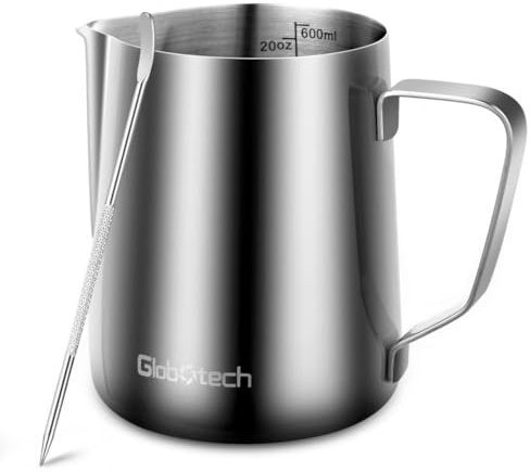 GLOBOTECH Edelstahl-Milchaufschäumer-Tasse – Espresso-Dampfkrug, 600 ml, Silber, Modern, Rund, Spülmaschinenfest, Latte-Art, Schaum, Krug, Cappuccino, heiße Schokolade