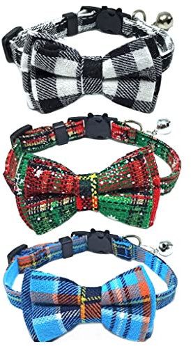 3 Stück Weihnachts-Katzenhalsband mit Glocke und Fliege, Schnellentriegelung, Sicherheit, weiche Halsbänder für Kätzchen und Katzen