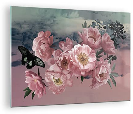 Bilder auf Glas Blumen Schmetterling Wolken Glasbild 70x50cm Wandbilder Dekoration Wohnzimmer Schlafzimmer Küche Deko Klein Wanddeko Bild im Glas Wand Kunstdruck Art Modern Wall Decor GAA70x50-4881