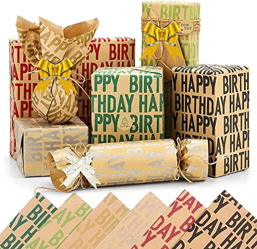 CYH Kraft Geschenkpapier Geburtstag, 12 Blatt Geschenkpapier Recycling, 70 x 50 cm Kraftpapier Geschenk Papier Set mit Jutesaiten, Aufklebern und Schleifen zum alle Geburtstagsanlässe