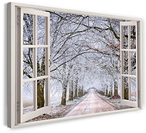 Printistico Bilder Fensterblick 100x70cm Baumwoll-Leinwand auf Keilrahmen mit Aufhänger moderner Kunstdruck XXL Wandbilder Wand-Dekoration Feldweg Bäume Winter Schnee Natur - Natur-Fotografie