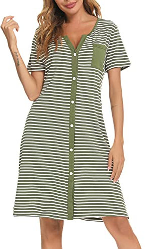 Marvmys Chemises Nuit Femme Coton Manches Courtes Rayure Robe De Nuit Bouton Ouvert Devant Vêtements de Nuit Chemise De Nuit Cardigan Femme Vêtement d'Intérieur Femme Vert S