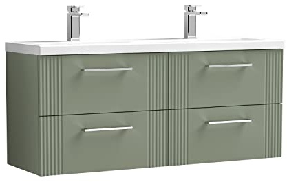 nuie DPF893F Deco Modern Bathroom Wall Hung 4 Drawer Part Fluted Vanity Basin Unit with Twin Ceramic Basin, 1200mm, Satin Green