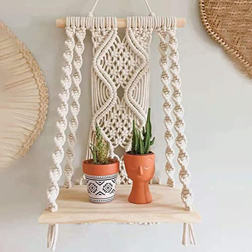 KDXYSL Böhmische Hölzerne Handgemachte Makramee Wand Hängen, Seil Regal Tapisserie Traumfänger Wohnkultur Hängende Pflanzer Schwimmende Regal Home Storage Organizer