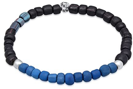 Kuzzoi Buddha Herren Armband aus indonesischen Glasperlen und Beads aus 925 Sterling Silber, Perlen Mix schwarz-blau, Vintage Casual Stretch Armband, Länge 21 cm
