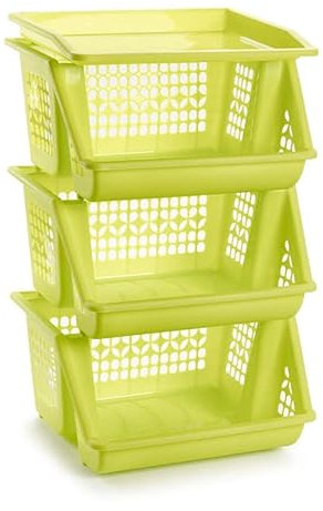 Virsus Scaffale a 3 ripiani per verdura 3639, misura 36x29x63 cm, privo di BPA, 3 cestelli impilabili con vassoio portaoggetti, scaffale per frutta, verdura, cucina, cantina, dispensa (Verde)