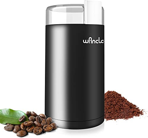 Molinillo de café eléctrico, Wancle molinillo de semillas, Molino de café de un toque (para frijoles, especias, etc.), con cepillo de limpieza (Negro+ Blanco)