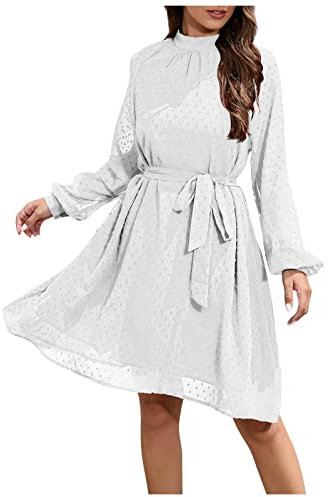 Schwarzes Kleid Damen Erstkommunion Kleid Neckholder Kleid Chiffon Einfarbig Knielang Kleid mit Gürtel Hohe Taille Tunika Abendkleid Swing A-Linie Kleid (Weiß,XL)