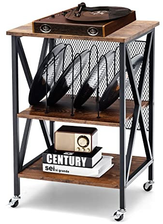 COSTWAY Mesa Auxiliar de 3 Niveles, Mesillas de Noche Soporte de Vinilo Rústico con 3 Divisores, Estante de Exhibición de Acero & Ruedas Bloqueables para Sala de Estar, Dormitorio