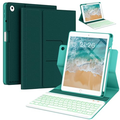 Custodia per tastiera per iPad 9,7 5a 6a generazione, iPad Air 2 con tastiera girevole a 360° con portamatite (2018/2017/2014), tastiera Bluetooth rimovibile retroilluminata a 7 colori (verde acqua)