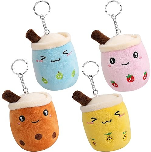 SUNSK Schlüsselanhänger Bubble Tea Kuscheltier Schlüsselanhänger Cartoon Schlüsselanhänger Bubble Tea Plüschtier keychain Bubble Tea Schlusselring Anhänger für Kinder Erwachsene 4pcs