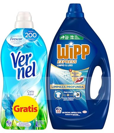 Wipp Express Detergente Líquido Limpio y Liso para lavadora 55 Lavados + 1 Vernel Suavizante Azul 70 Lavados GRATIS