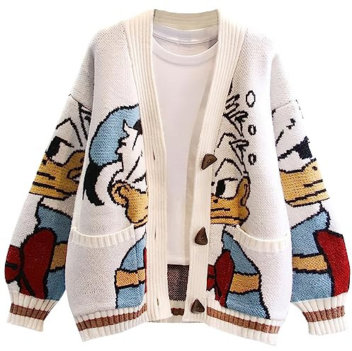 Leyoutx Womens Cute Embroidery Cartoon Duck Cable Knit Cardigans Sweater Button Down Slouchy Wool Blend Coat, White, Small