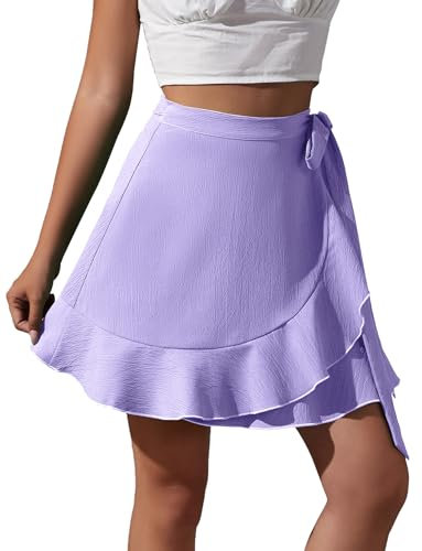 Split Saum Plissee High Taille Wrap Rock mit Taille Krawatte für Frauen A-Linie Über Knie Overlap Drapierte Wrap Around Rock für Date Abendessen Lila M
