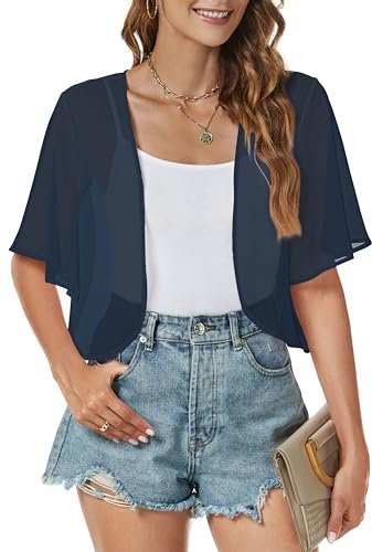 Chiffon Bolero festlich für Mädchen Lässige Shrug Tops Kurzarm Sheer Leichte Ballettjacke(Marineblau,2XL)